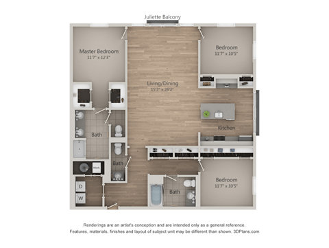 A floor plan of a Juliette Balcony apartment with a living/dining area, kitchen, and three bedrooms.
